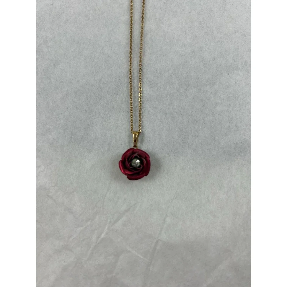 Enamel Rose Pendant Necklace with a 14K GF AMCO chain - Picture 7 of 9